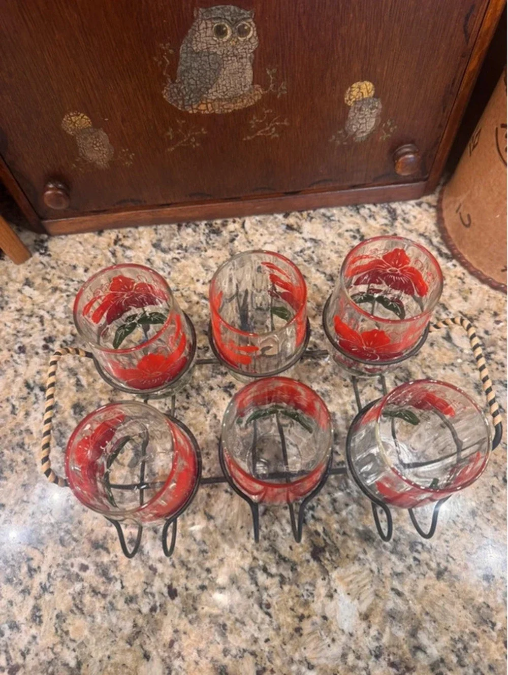 Vintage MCM red and green hibiscus juice glasses with carrier